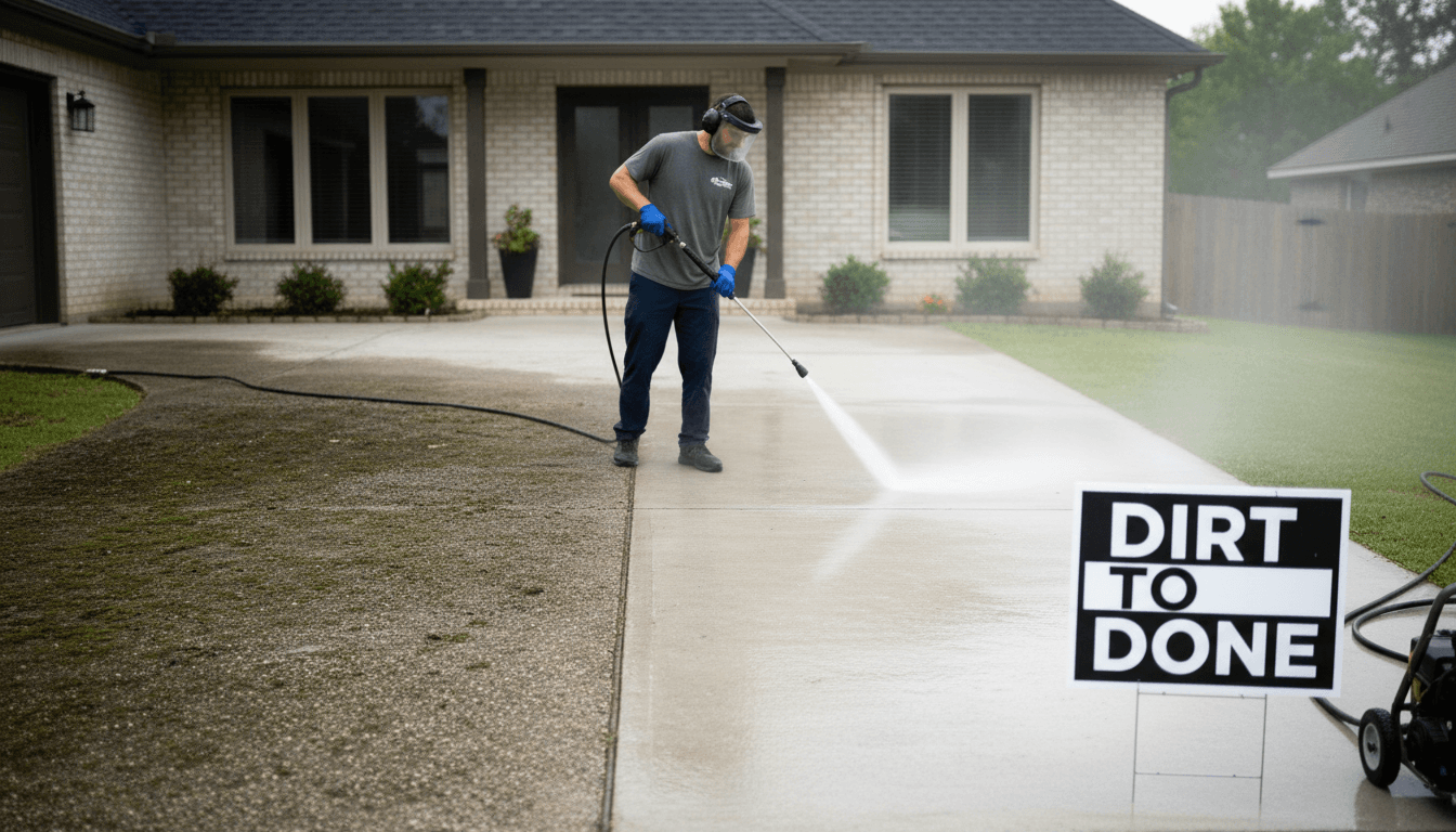 DMF Solutions team member performing pressure washing service on residential driveway