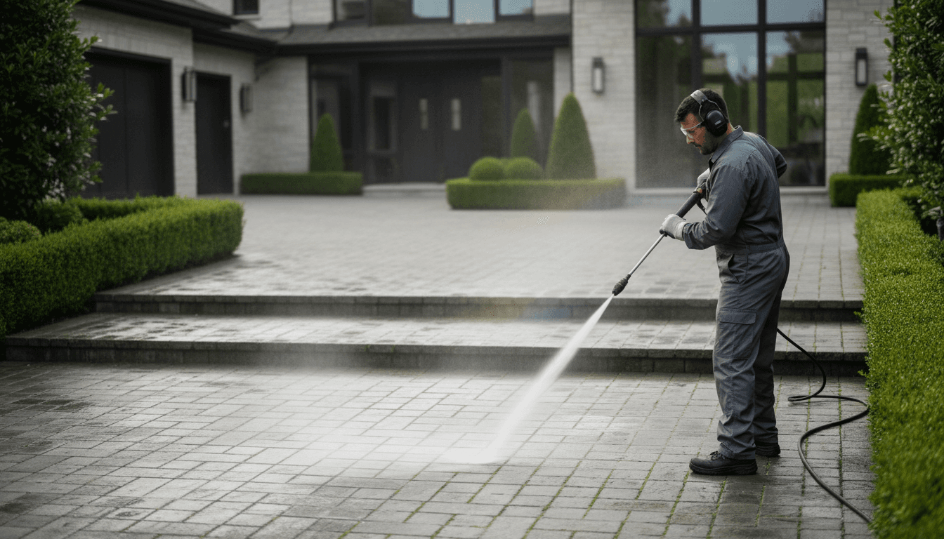 DMF Solutions crew performing professional pressure washing on a residential driveway