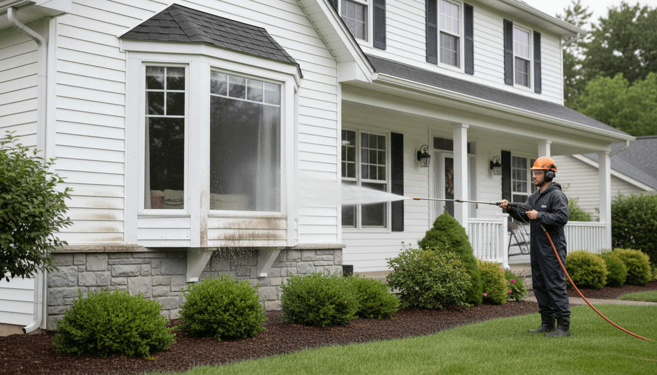 Pressure washing a residential house exterior in Alameda