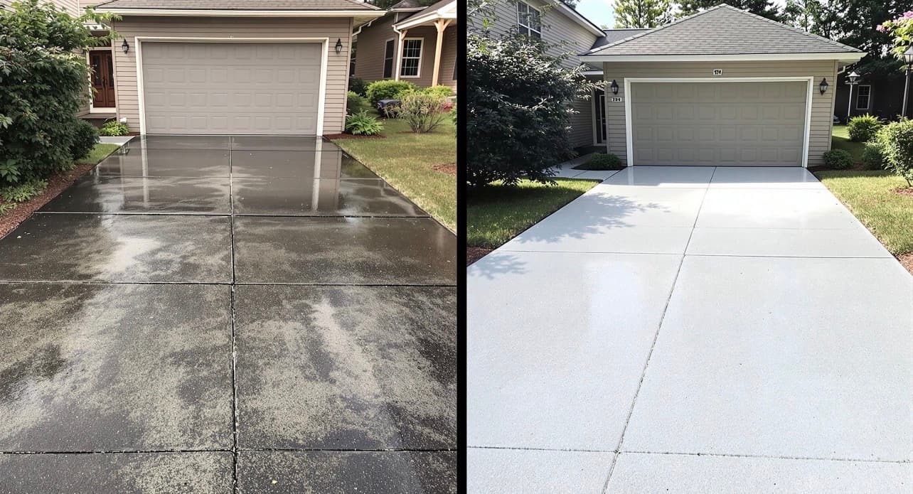Side-by-side comparison of a stained, dark concrete driveway transformed into a clean, bright surface.