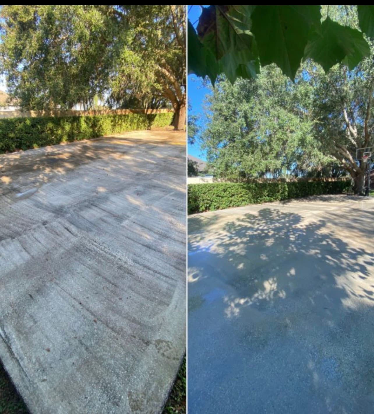 Before and after comparison of a stained concrete court restored by professional pressure washing.
