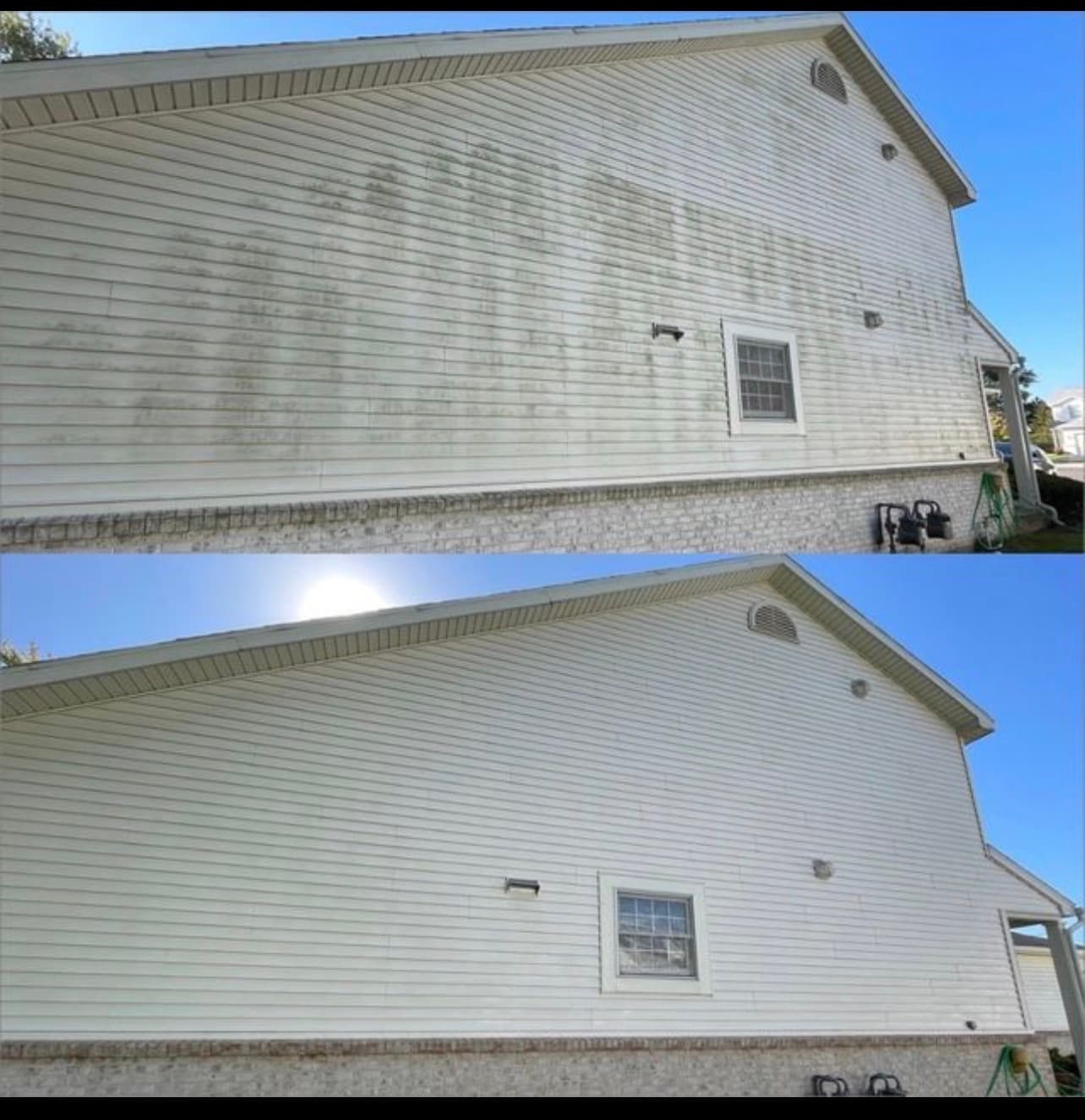 Before and after comparison of dirty white vinyl siding versus clean, bright white siding.