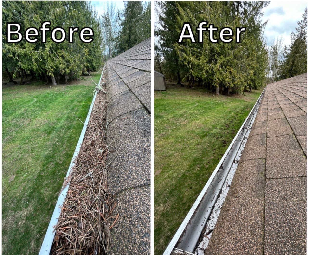 Before and after photos showing a gutter clogged with debris and then completely cleaned.