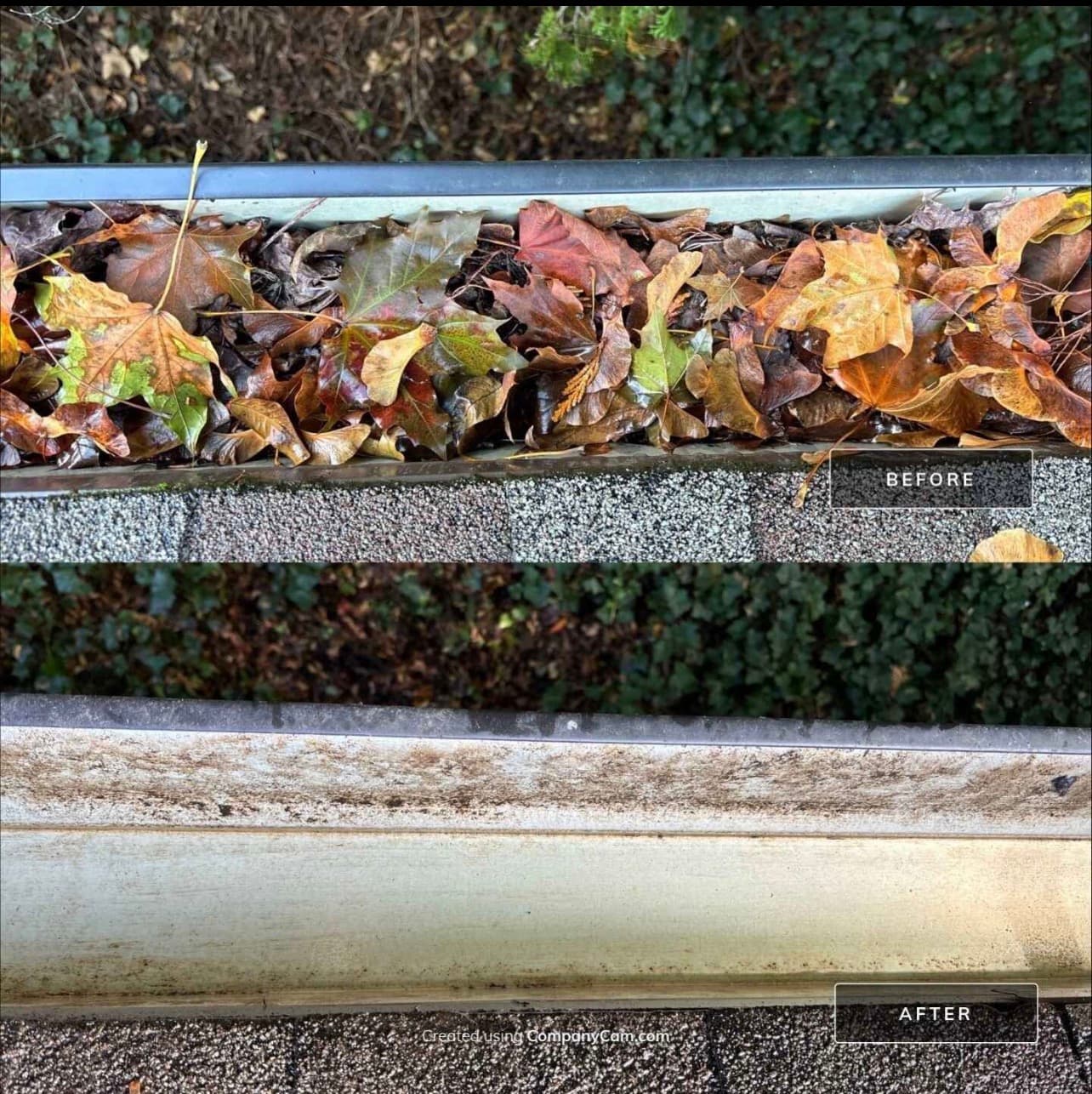 Before and after comparison of a gutter clogged with leaves and then thoroughly cleaned out.